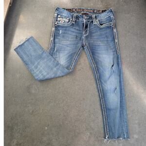 Rock Revival Low Rise Embroidered Jeans Size 30 Ankle Skinny Stretch Frayed Hem